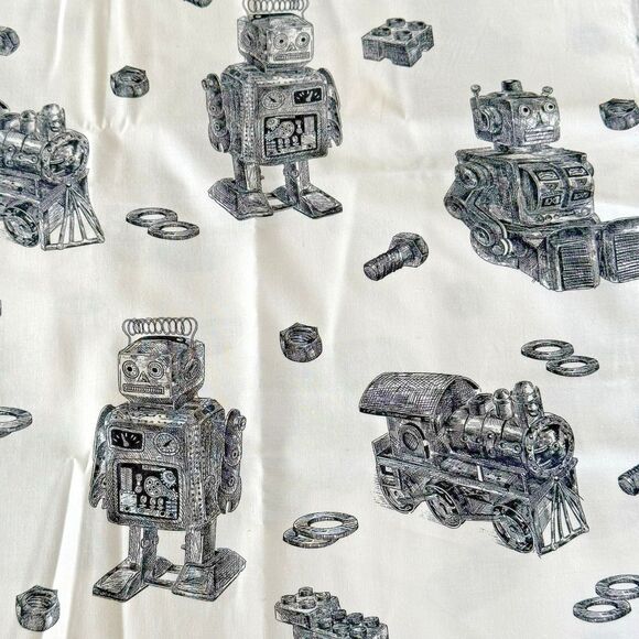 Robots Trains Bolts Black Off White Fabric Boys Cotton Quilt Fabric BTY - Picture 2 of 6